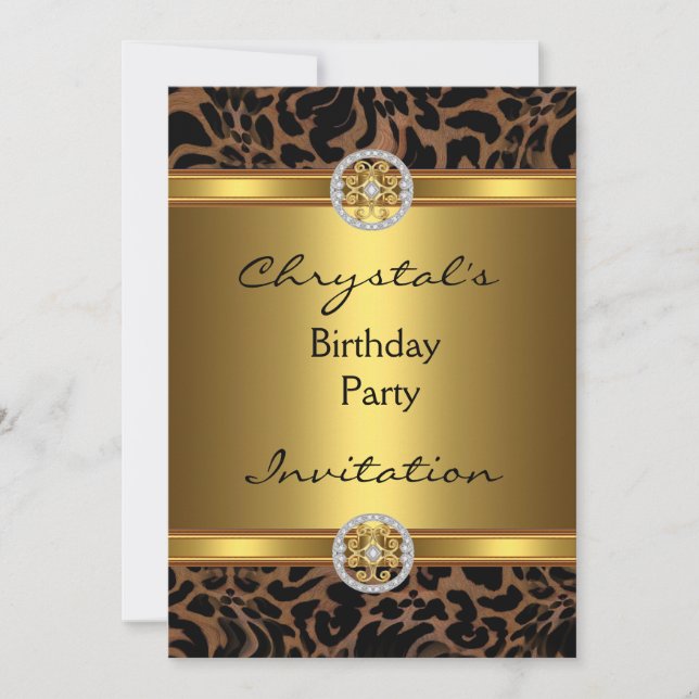 Invitation Birthday Party Wild Animal Gold Jewel (Front)