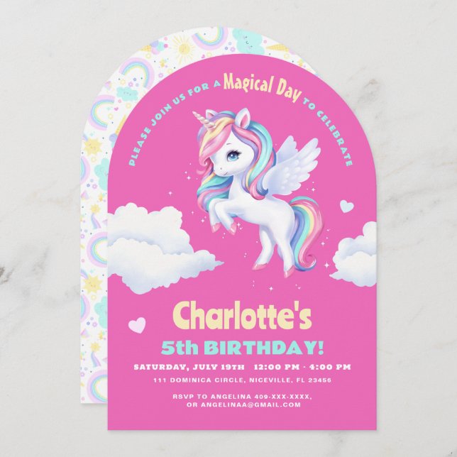 Invitation birthday party with unicorn. (Front/Back)