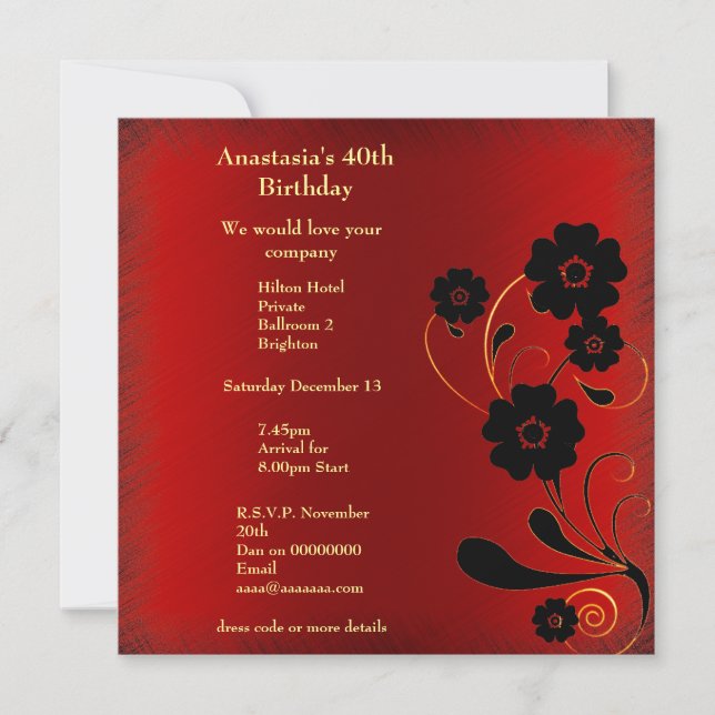 Invitation Birthday Red Fray with Black Floral (Front)