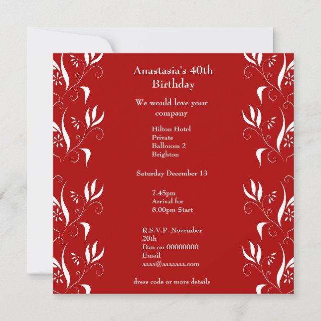 Invitation Birthday Red with White Floral (Front)