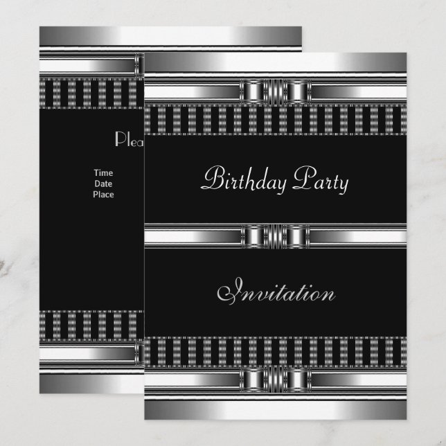 Invitation Birthday Silver on Black Chrome (Front/Back)