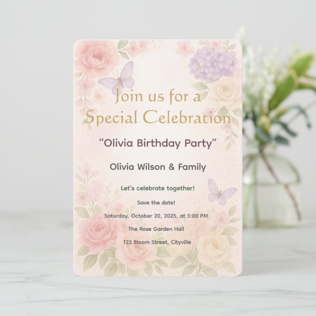 Invitation Card Pastel Watercolor Garden Floral  (Standing Front)