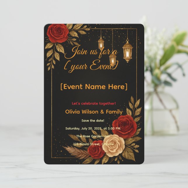 Invitation Card Template Luxury Black Gold Floral (Standing Front)