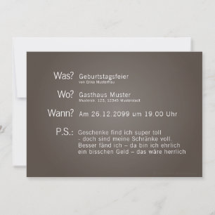 Invitation card with "What? When? Where? P.S.:’ te