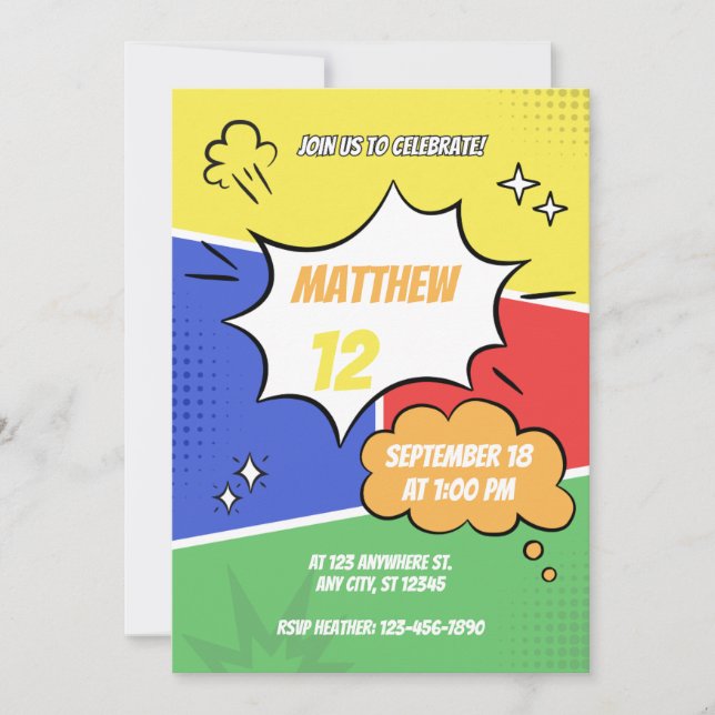 Invitation - Comic Book Style - Customise Name Age (Front)