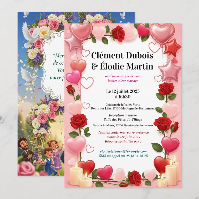 Invitation de Mariage Romantique aux Fleurs  (Front/Back)