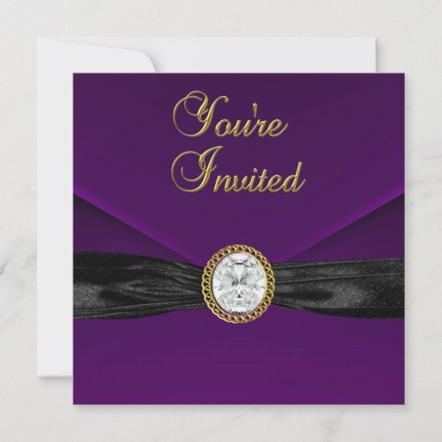 Invitation Diamond Jewel Black Plum Purple Gold (Front)