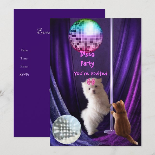Invitation Disco Party Dog Cat Maltese Puppy (Front/Back)