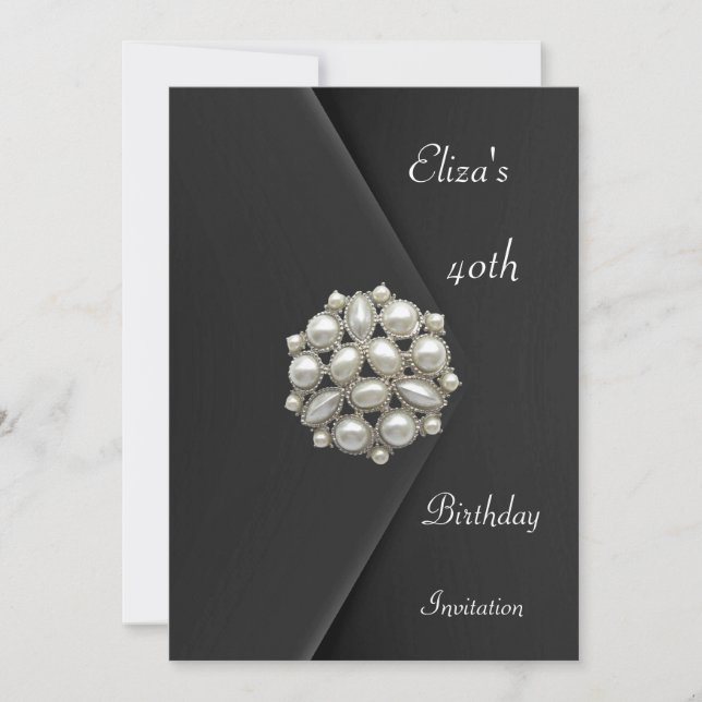 Invitation Elegant 40th Black Velvet Pearl Jewel (Front)