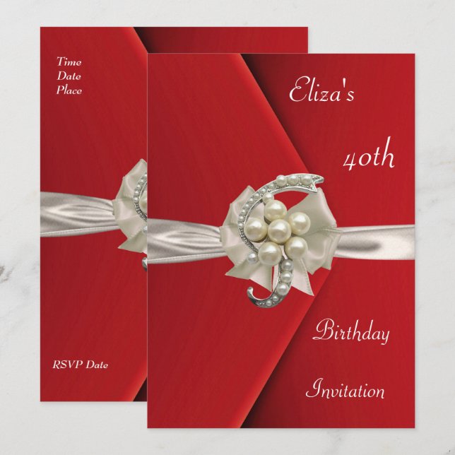 Invitation Elegant 40th Red Velvet Pearl Jewel Bow (Front/Back)