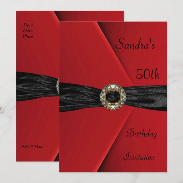 Invitation Elegant 50th Red Velvet Pearl Jewel Bow (Front/Back)