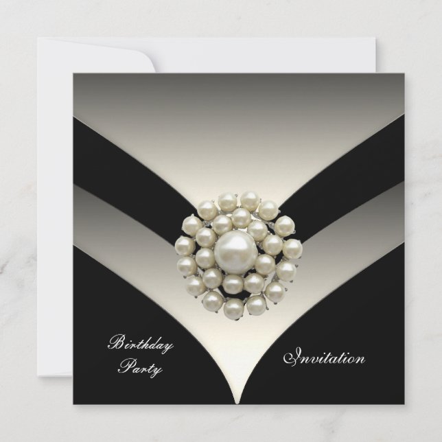 Invitation Elegant Birthday Party Pearl Black (Front)