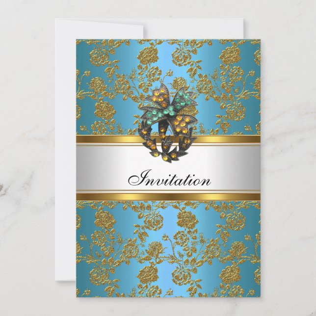 Invitation Elegant Classy Gold Teal Blue Floral (Front)