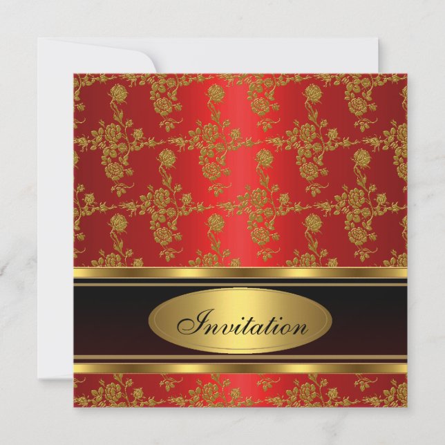 Invitation Elegant Gold Black Red Floral (Front)