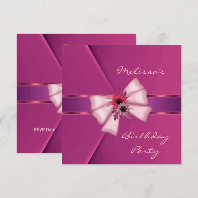 Invitation Elegant Pink Velvet Floral Bow 2 (Front/Back)