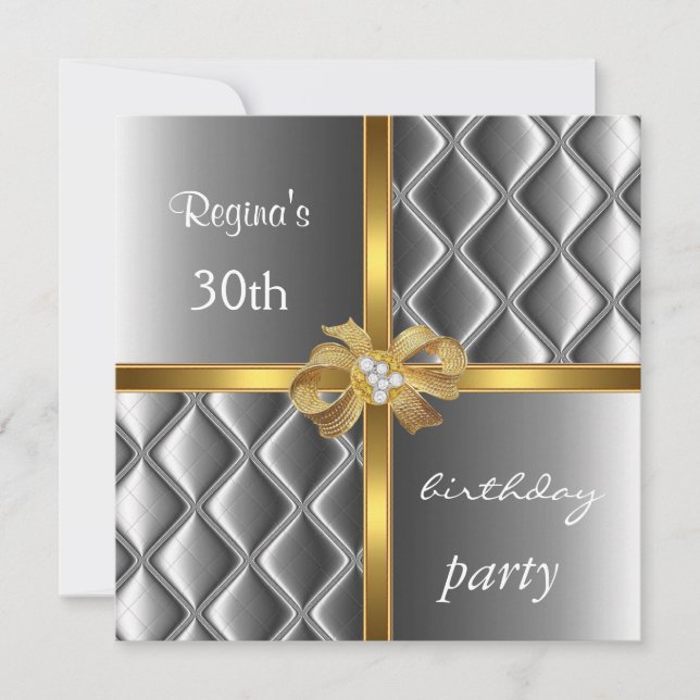 Invitation Elegant Silver Silk Gold Bow Diamond (Front)