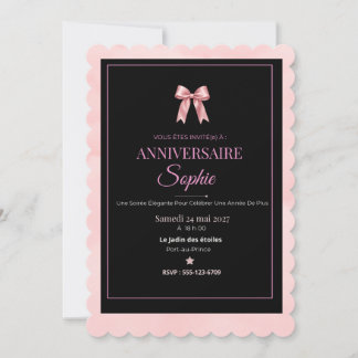 Invitation élégante noire et rose pour anniversair