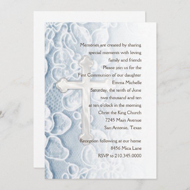 Invitation First Communion Lace and Cross Blue (Front/Back)