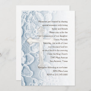 Invitation First Communion Lace and Cross Blue