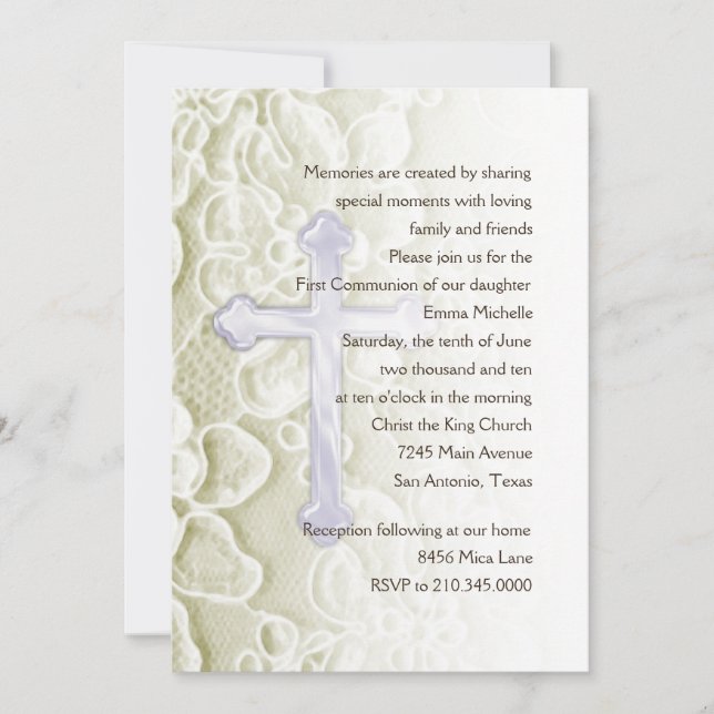 Invitation First Communion Lace and Cross Ivory (Front)