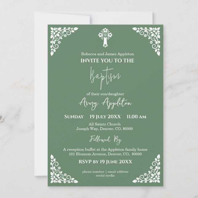 Invitation Floral Cross Baptism Fern Green (Front)