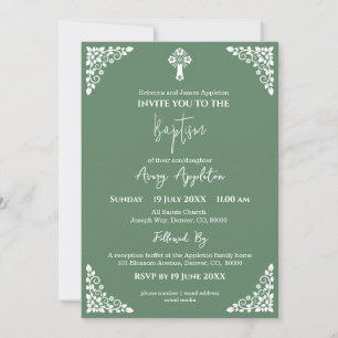 Invitation Floral Cross Baptism Fern Green