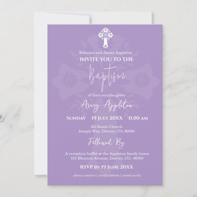 Invitation Floral Cross Baptism Lilac (Front)