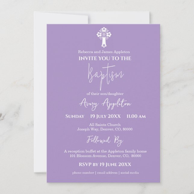 Invitation Floral Cross Baptism Lilac (Front)