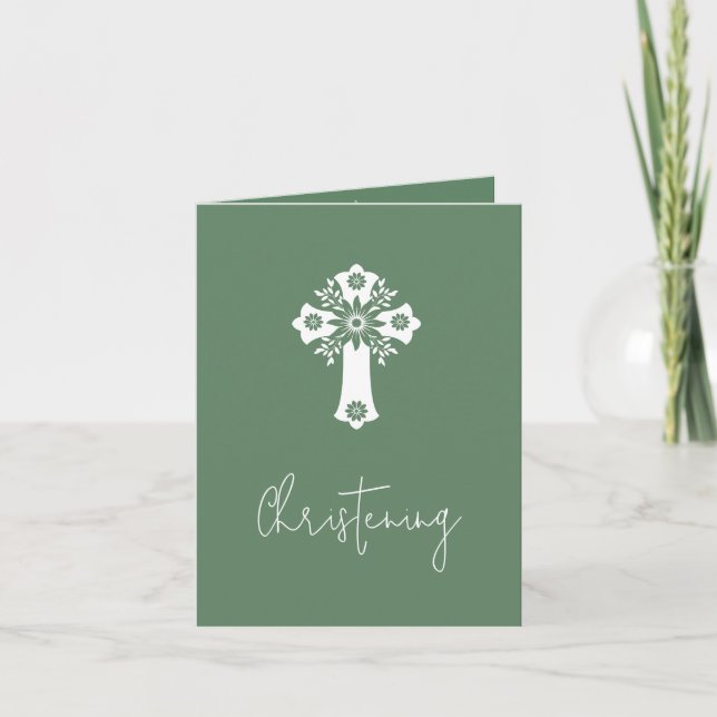 Invitation Floral Cross Christening Fern Green (Front)