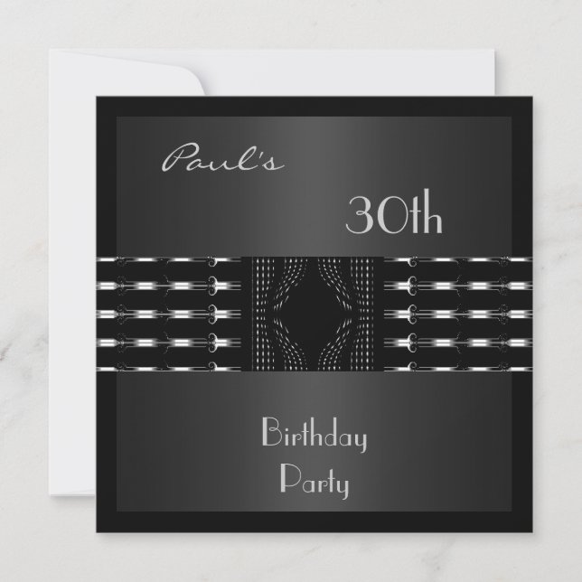 Invitation Mens 30th Birthday Party Black Silver (Front)