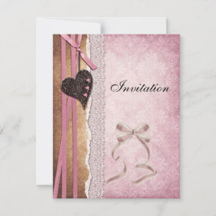 Invitation Pink Antique Paper Bow Heart