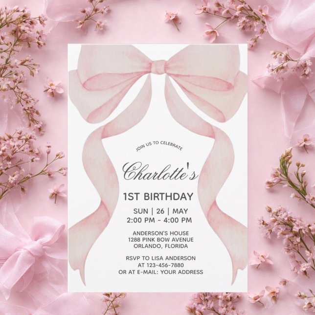 Invitation Pink Bow 1st Birthday Girl First Birthd (Creator Uploaded)