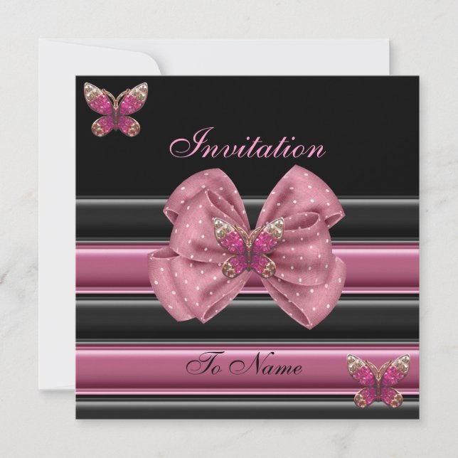 Invitation Pink Butterfly Bow Black Stripe 2 (Front)