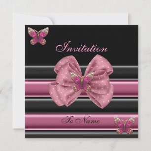 Invitation Pink Butterfly Bow Black Stripe 2