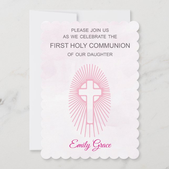 Invitation Pink First Holy Communion Cross Rays (Front)