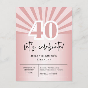 Invitation postcard 40th birthday, retro rose gold