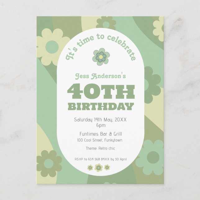Invitation Postcard retro sage green 40th birthday (Front)