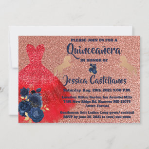 Invitation Red Gold Sparkle Dress Quinceañera