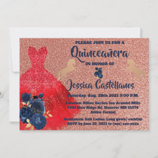 Invitation Red Gold Sparkle Dress Quinceañera