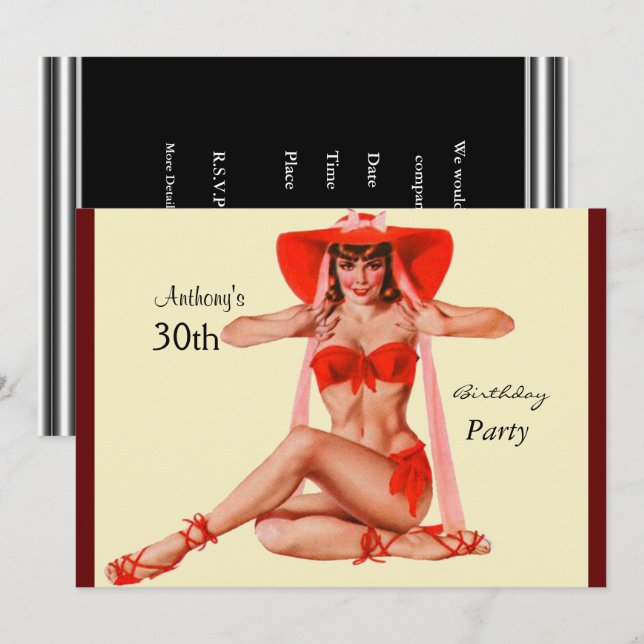 Invitation red Pin-up Girl Cream  Birthday Party (Front/Back)