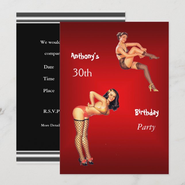 Invitation red Pin-up Girls red  Birthday Party (Front/Back)