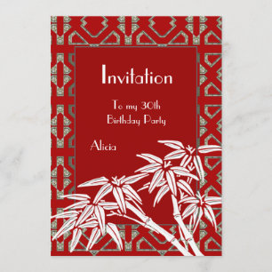 Invitation Red White Asian Bamboo Art Deco