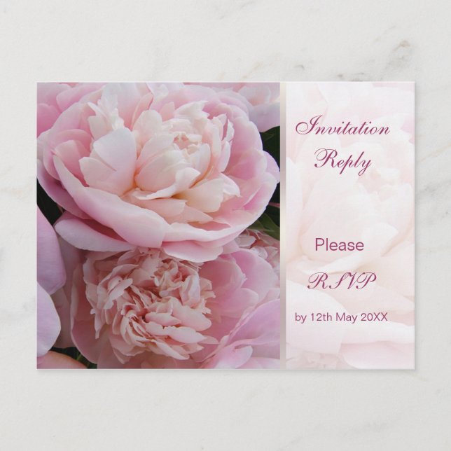 Invitation reply (RSVP) Postcard. Pink peonies. (Front)
