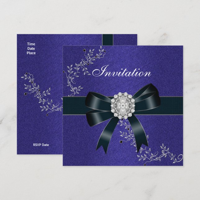 Invitation Royal Blue Diamond Jewel Black Bow (Front/Back)