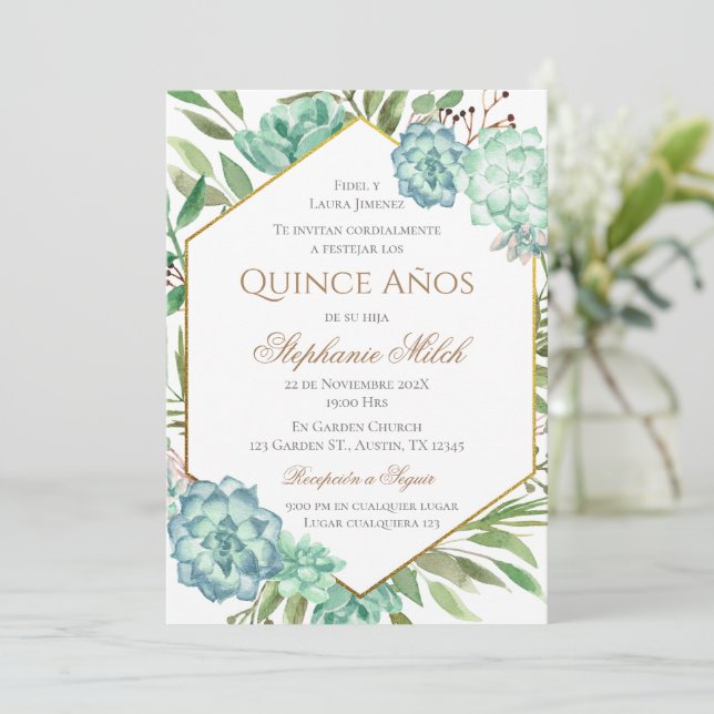 Invitation Spanish Quinceanera Greenery Floral (Standing Front)