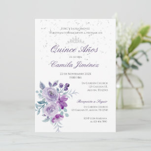 Invitation Spanish Quinceanera purple floral invit