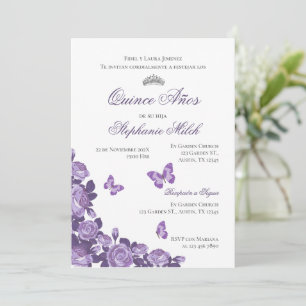 Invitation Spanish Quinceanera purple floral invit