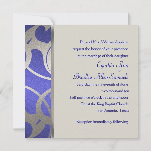 Invitation Square Blue Faux Silver Deco Design (Front)