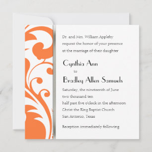 Invitation Square Orange and White Damask
