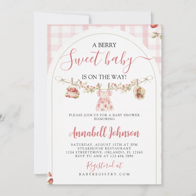 Invitation to a baby shower with a berry theme (Front)